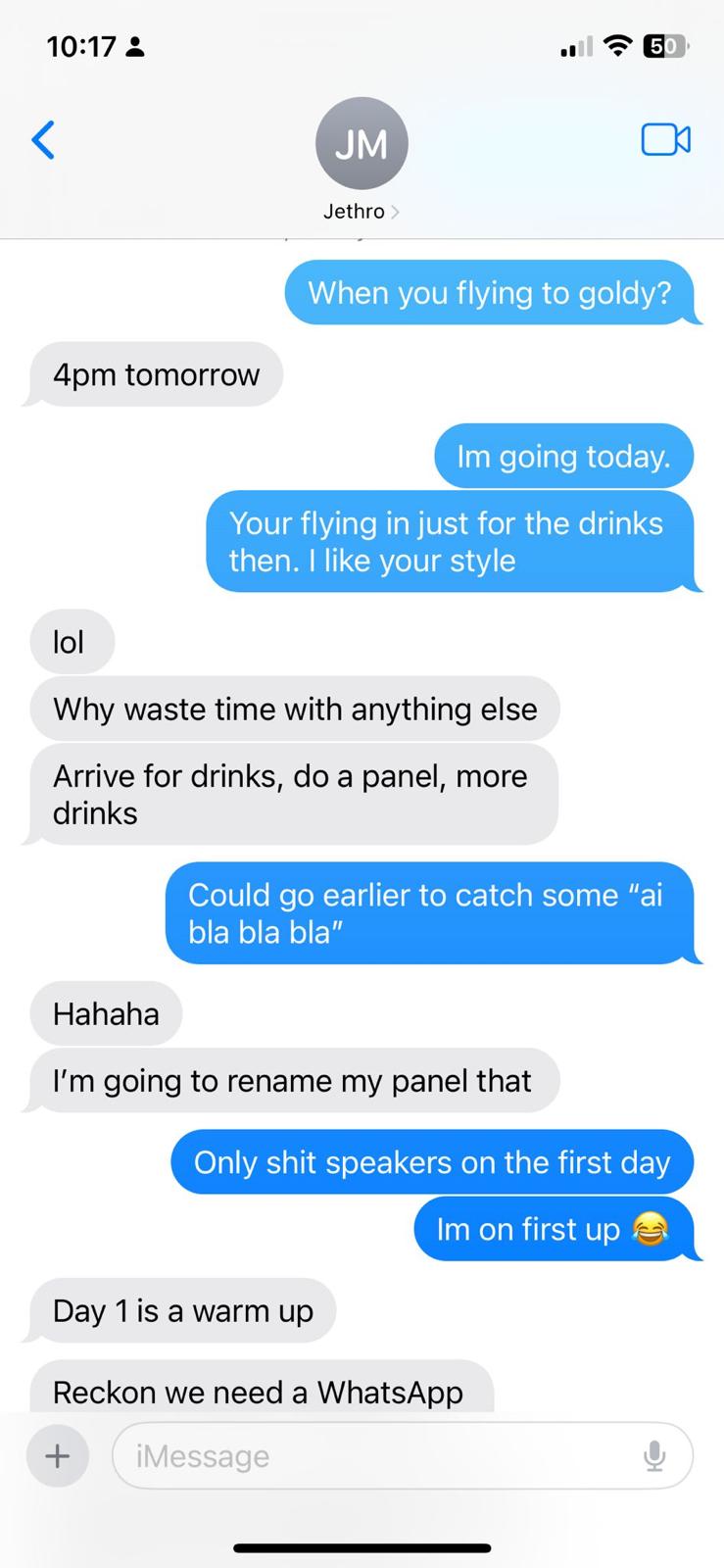 Text message conversation between Dean Salakas and Jethro Marks before Retail Fest 2025