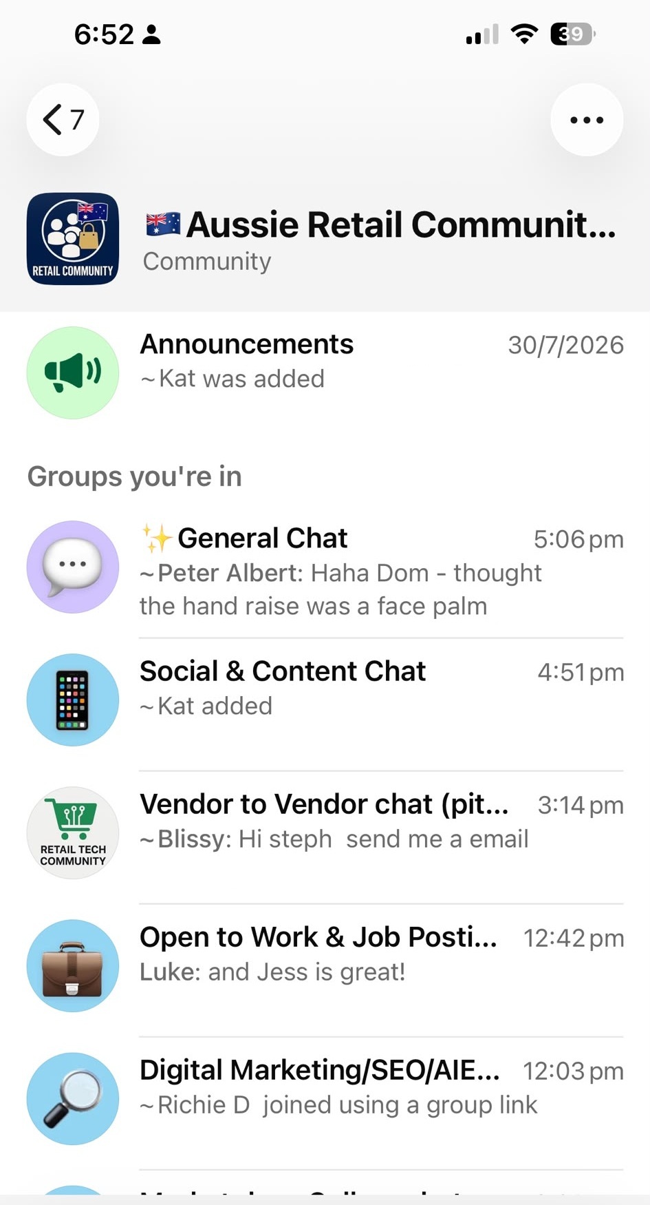 The Retail Community WhatsApp Community shown on an iPhone, listing groups such as General Chat, Social & Content Chat and Open to Work