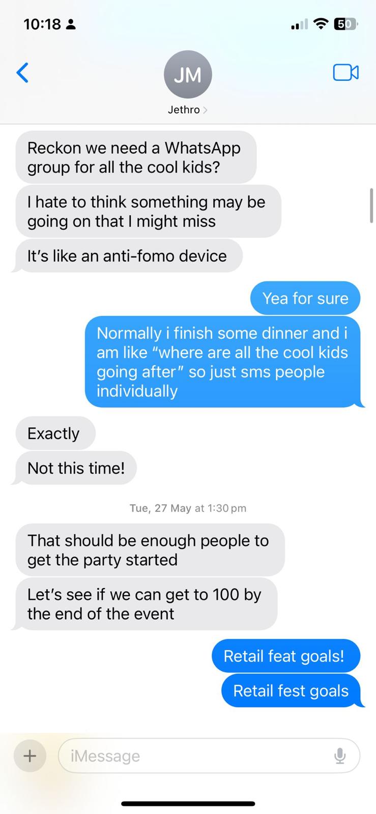 Text message conversation where the idea for a WhatsApp group for Retail Fest attendees emerged